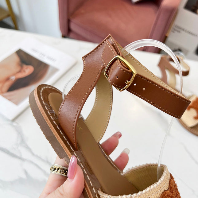 TRIOMPHE SANDALS BEIGE RAFFIA BROWN WOOL