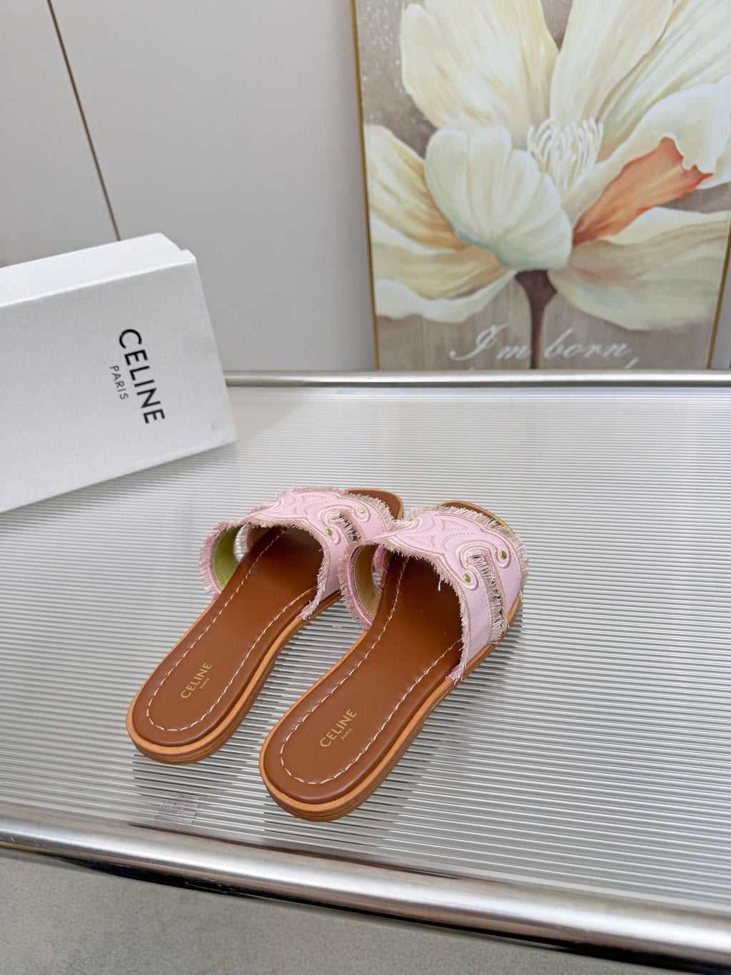 CELINE 26S TRIOMPHE SLIDE SANDALS IN NUDE PINK CANVAS
