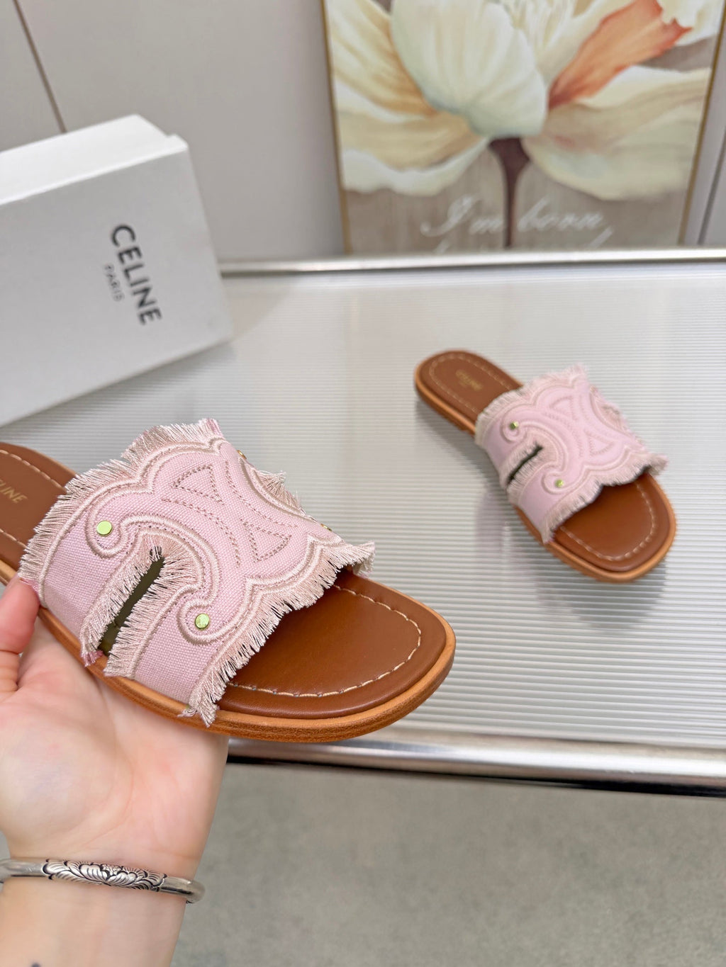 CELINE 26S TRIOMPHE SLIDE SANDALS IN NUDE PINK CANVAS