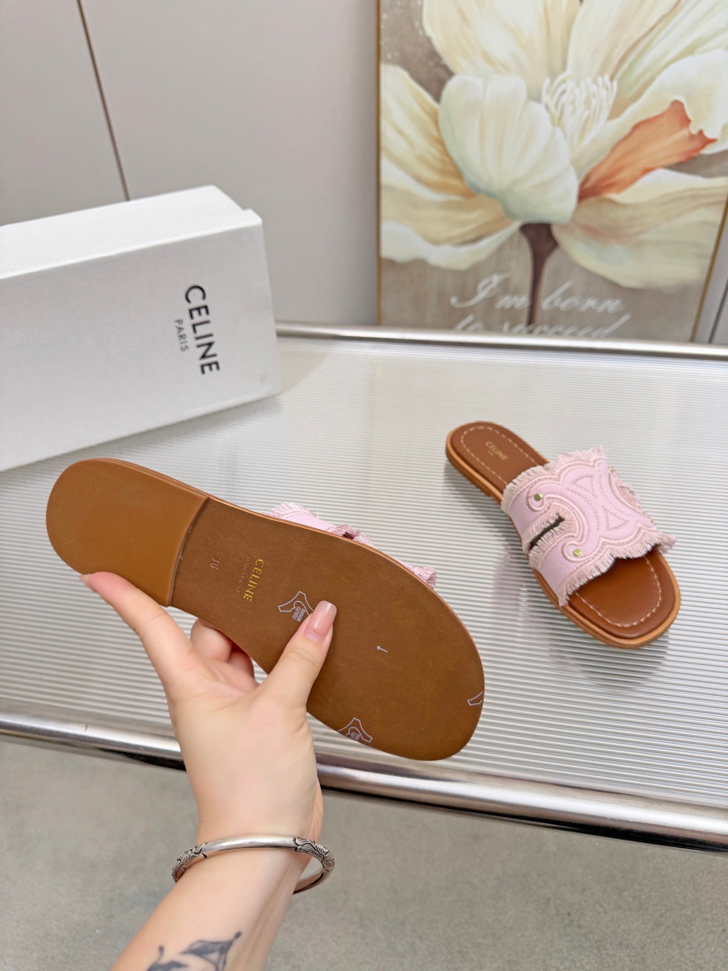 CELINE 26S TRIOMPHE SLIDE SANDALS IN NUDE PINK CANVAS