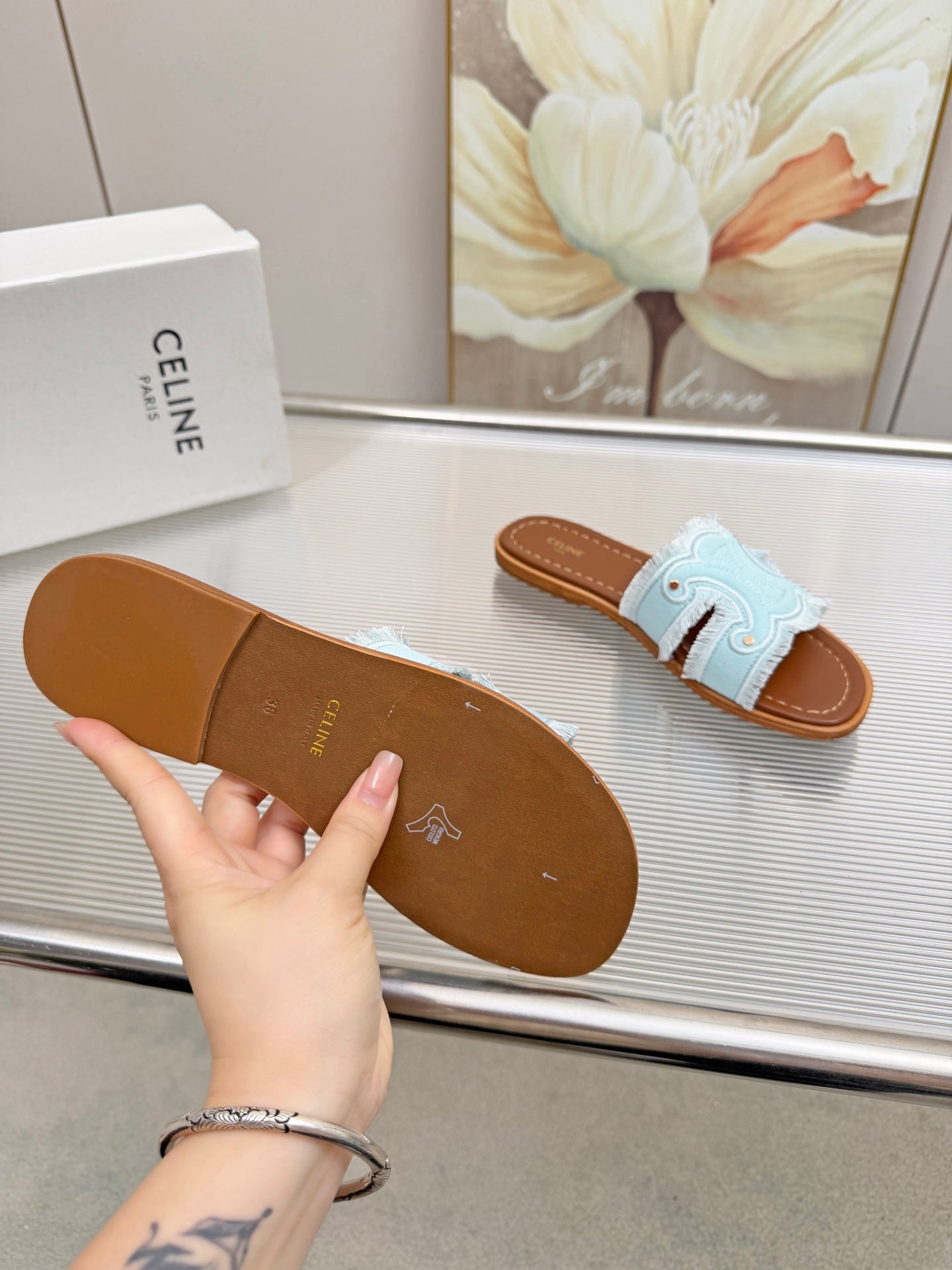 CELINE 26S TRIOMPHE SLIDE SANDALS IN SKY BLUE CANVAS