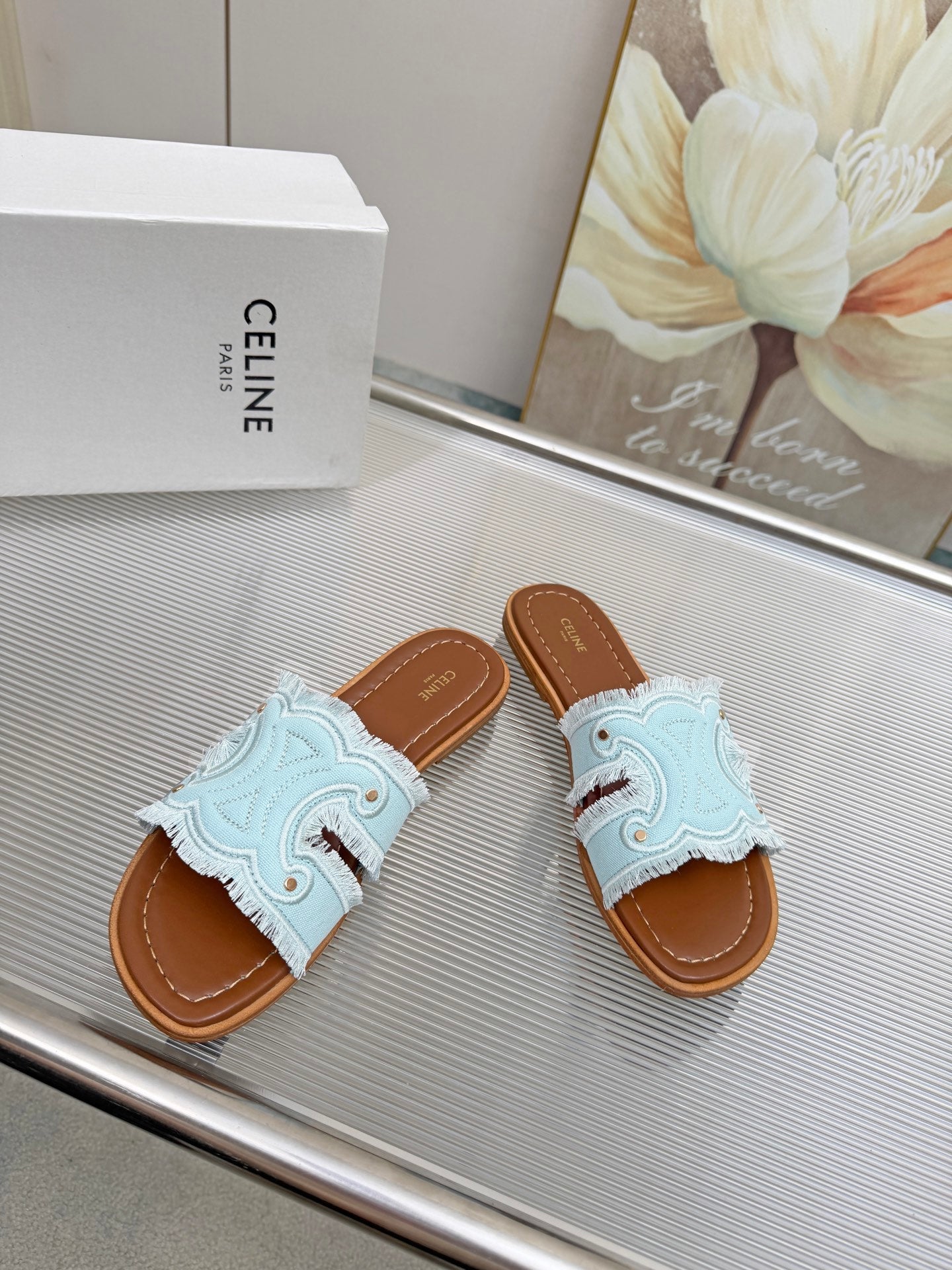 CELINE 26S TRIOMPHE SLIDE SANDALS IN SKY BLUE CANVAS