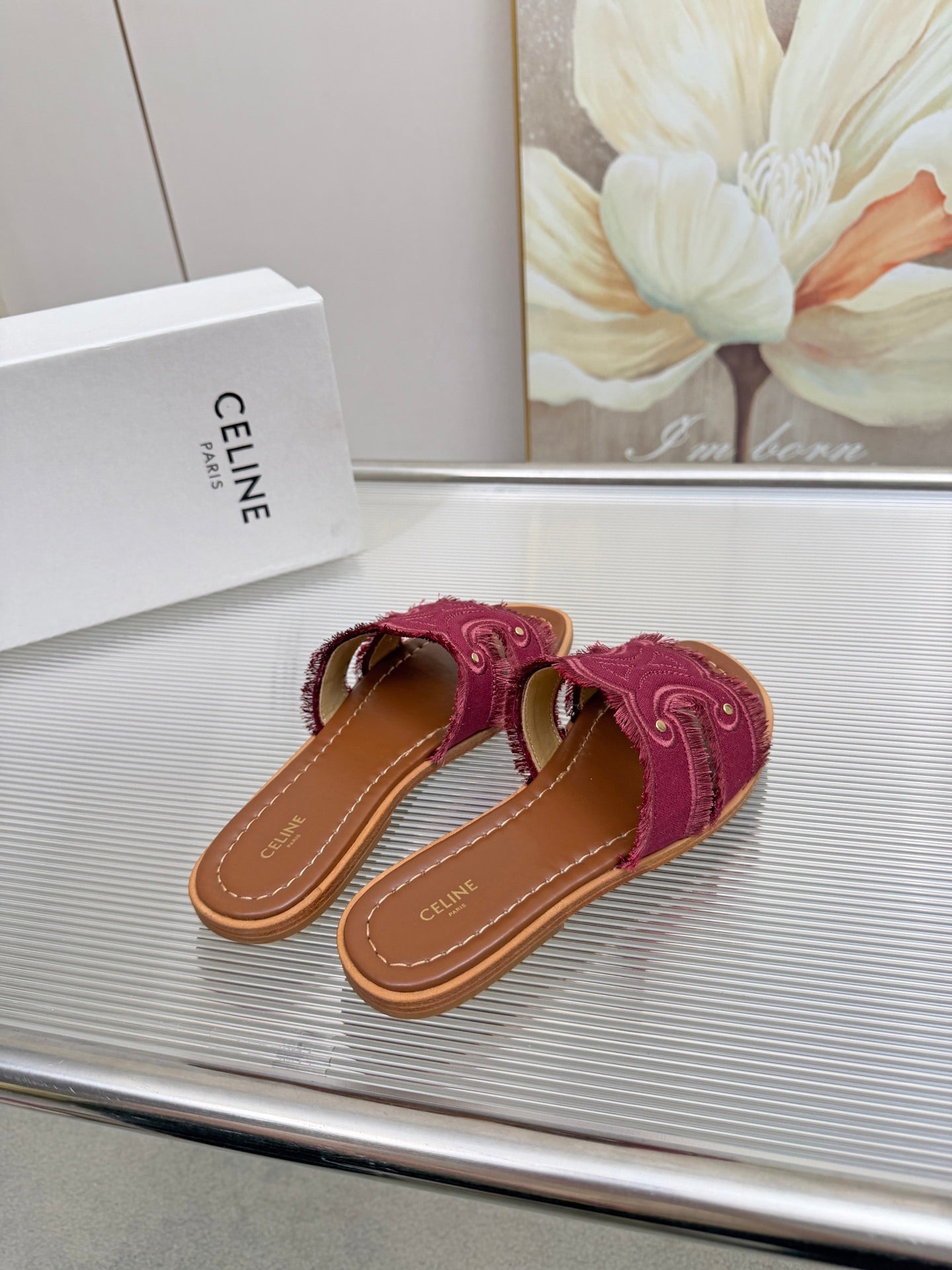 CELINE 26S TRIOMPHE SLIDE SANDALS IN BERRY PINK CANVAS
