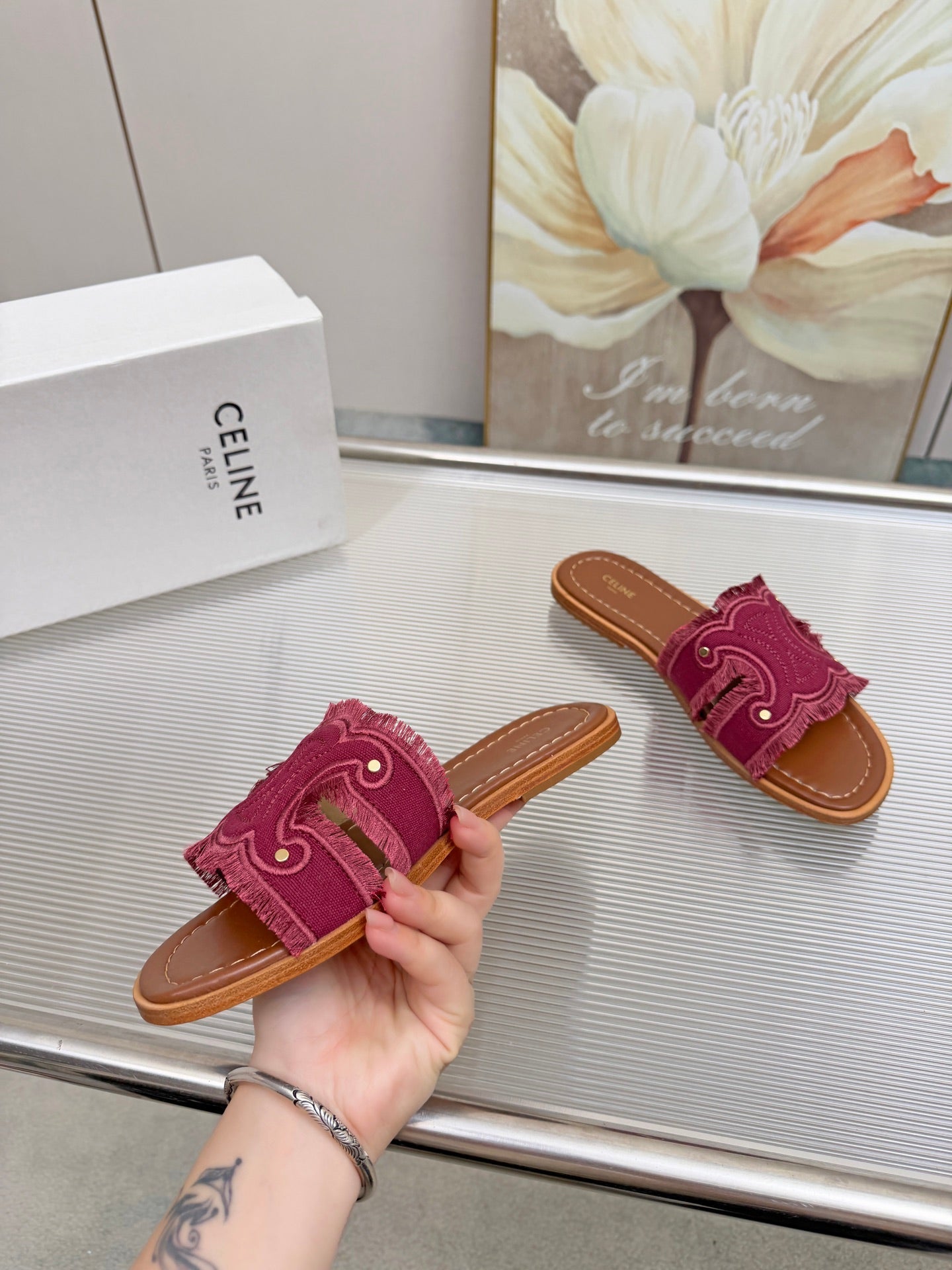 CELINE 26S TRIOMPHE SLIDE SANDALS IN BERRY PINK CANVAS