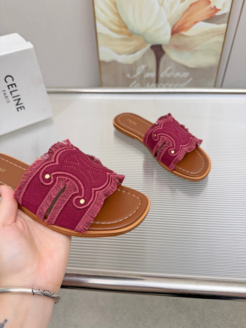 CELINE 26S TRIOMPHE SLIDE SANDALS IN BERRY PINK CANVAS