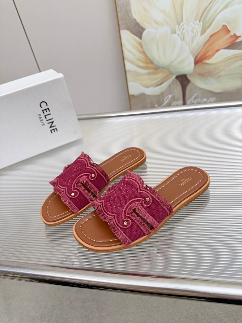 CELINE 26S TRIOMPHE SLIDE SANDALS IN BERRY PINK CANVAS