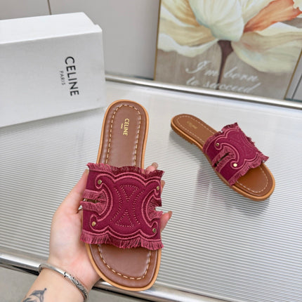 CELINE 26S TRIOMPHE SLIDE SANDALS IN BERRY PINK CANVAS