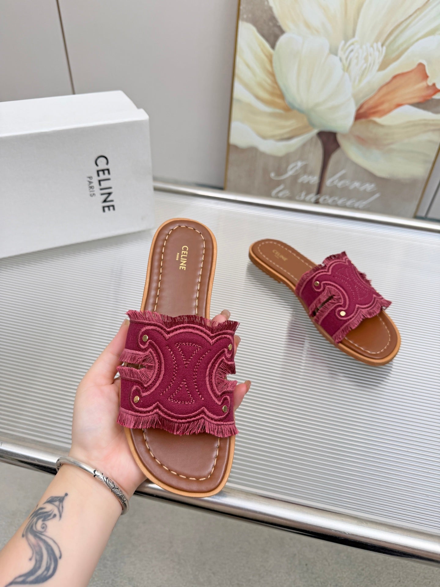 CELINE 26S TRIOMPHE SLIDE SANDALS IN BERRY PINK CANVAS