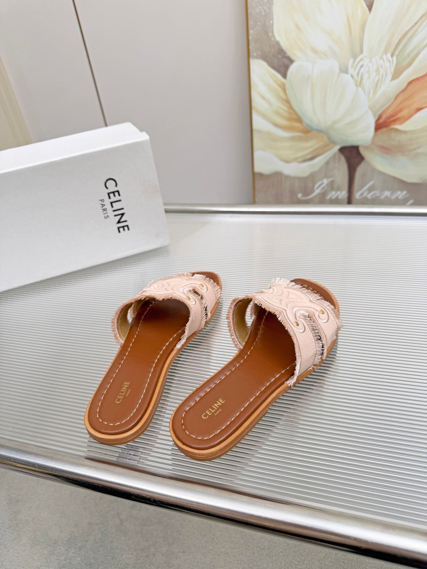 CELINE 26S TRIOMPHE SLIDE SANDALS IN BLUSH PINK CANVAS