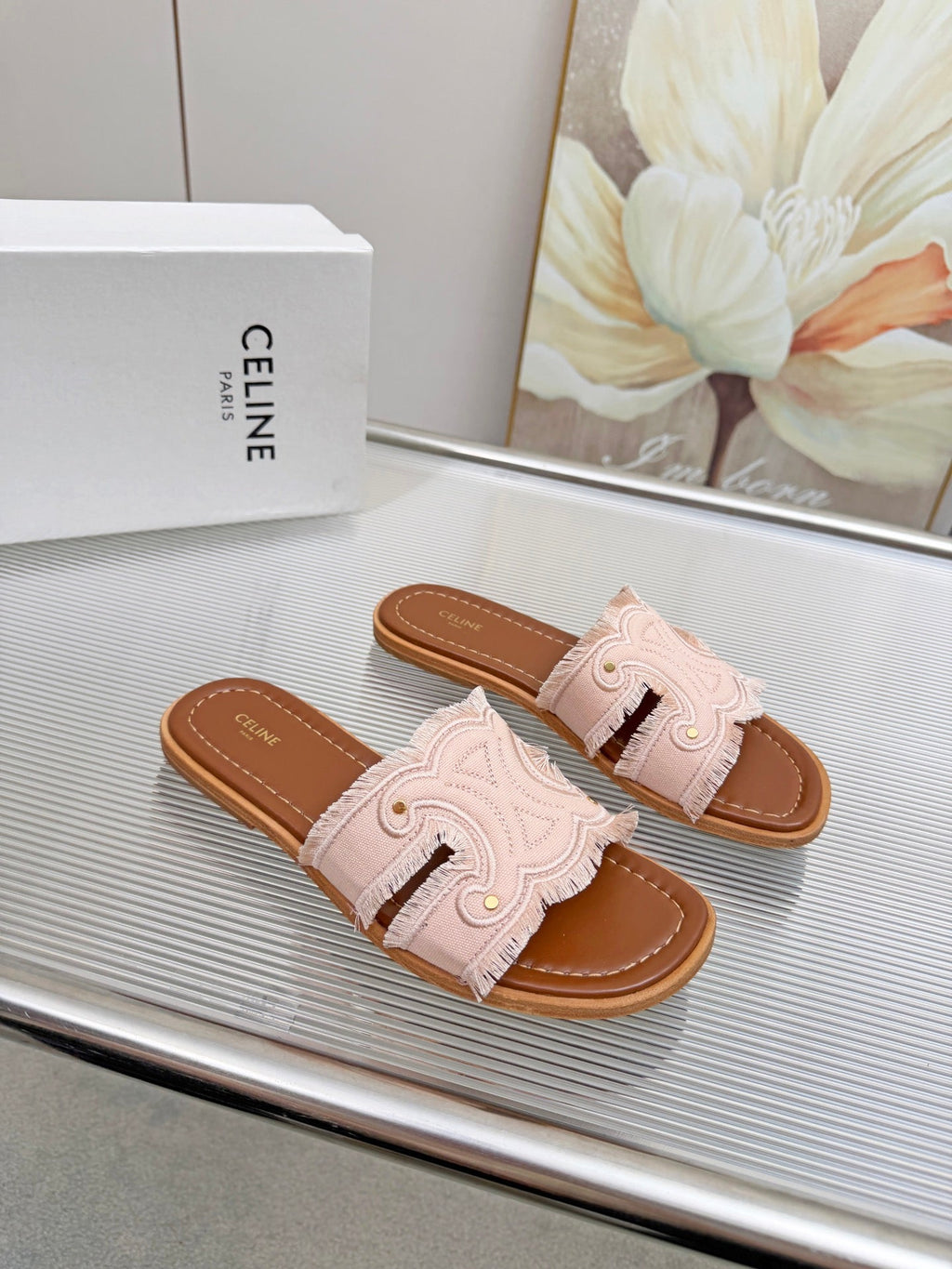 CELINE 26S TRIOMPHE SLIDE SANDALS IN BLUSH PINK CANVAS