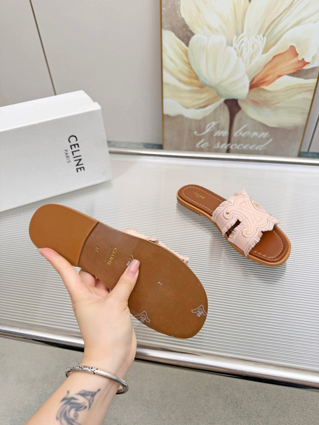 CELINE 26S TRIOMPHE SLIDE SANDALS IN BLUSH PINK CANVAS