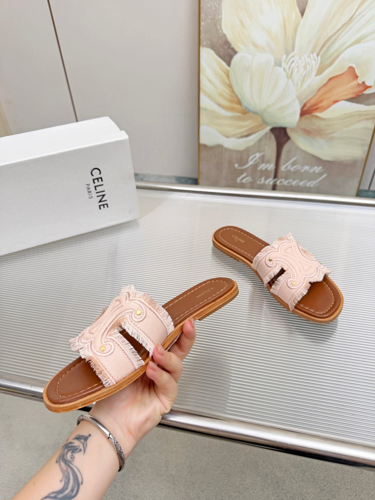 CELINE 26S TRIOMPHE SLIDE SANDALS IN BLUSH PINK CANVAS