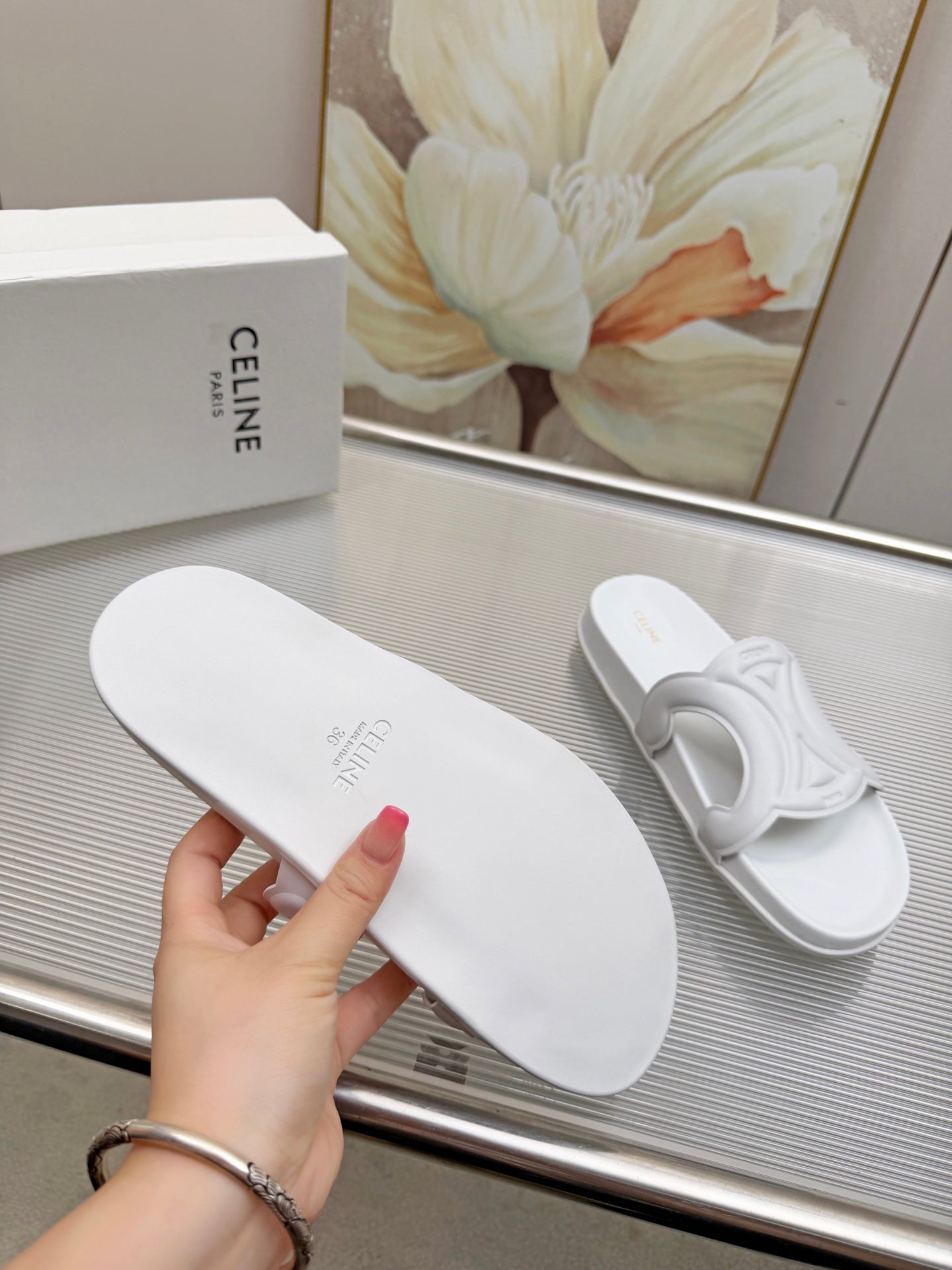 CELINE 26S TRIOMPHE SLIDES IN WHITE CALFSKIN