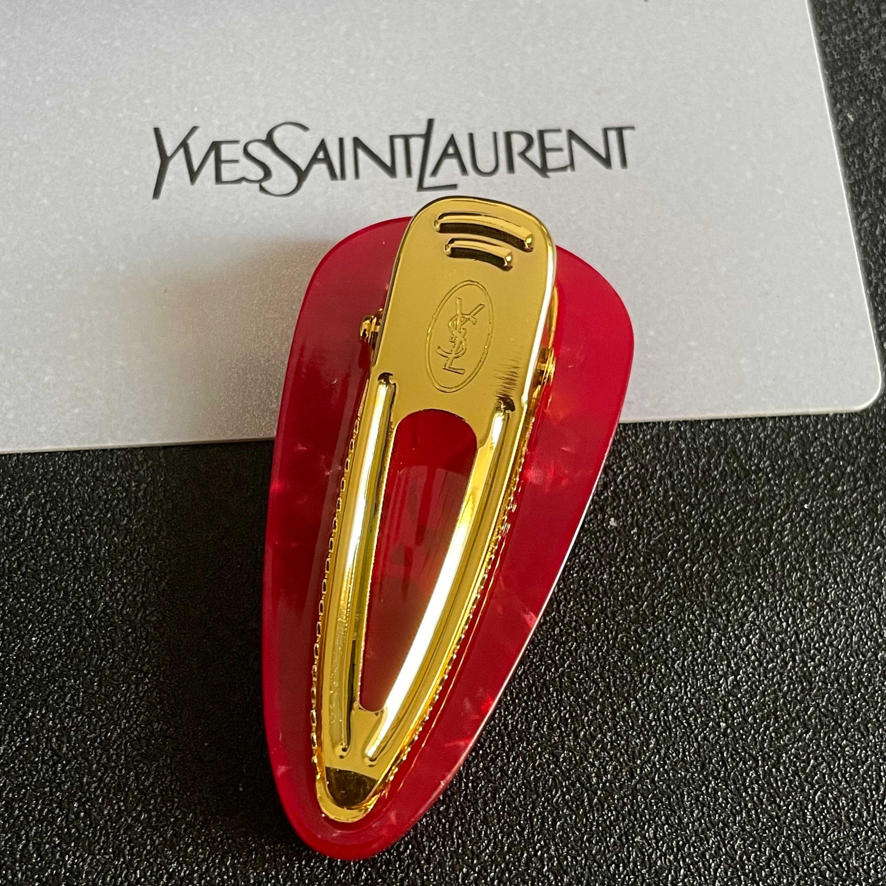 YSL 26S LOGO MARBLE EFFECT HAIR CLIP IN RED RESIN 621488