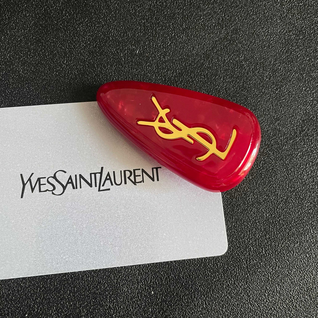 YSL 26S LOGO MARBLE EFFECT HAIR CLIP IN RED RESIN 621488