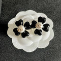 CHANEL 26S DOUBLE C CRYSTAL LOGO BLACK ENAMEL FLOWER STUD EARRINGS IN GOLD METAL 629184