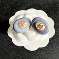 CHANEL 26S DOUBLE C LOGO BLUE ENAMEL PEARL OVAL STUD EARRINGS IN GOLD METAL 629153