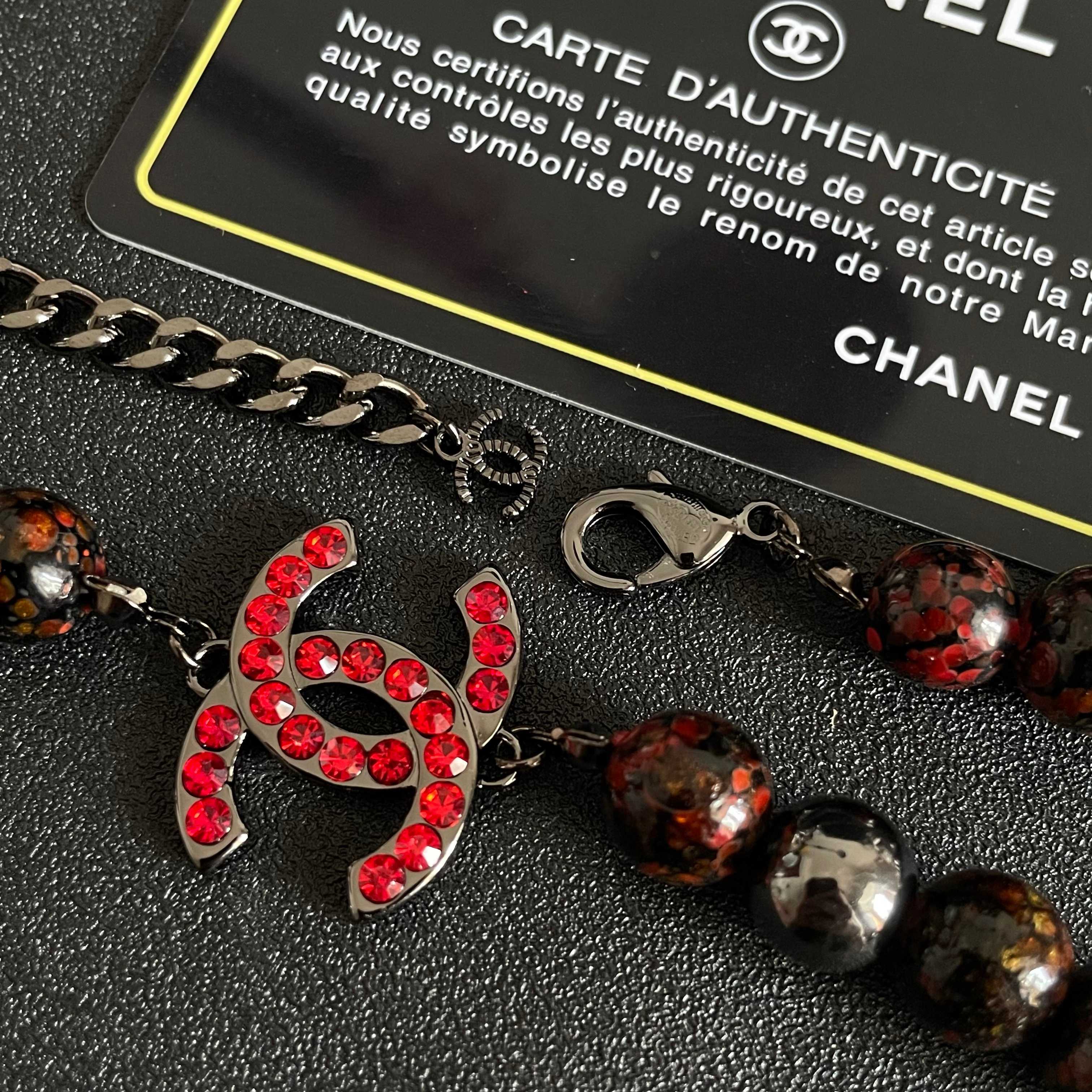 CHANEL 26S DOUBLE C LOGO RED CRYSTAL BEADED NECKLACE IN BLACK METAL 629968
