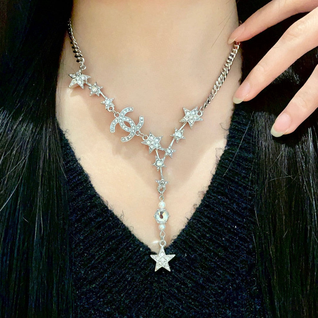 CHANEL 26S DOUBLE C LOGO STAR & PEARL DROP CHAIN NECKLACE IN SILVER METAL 629971