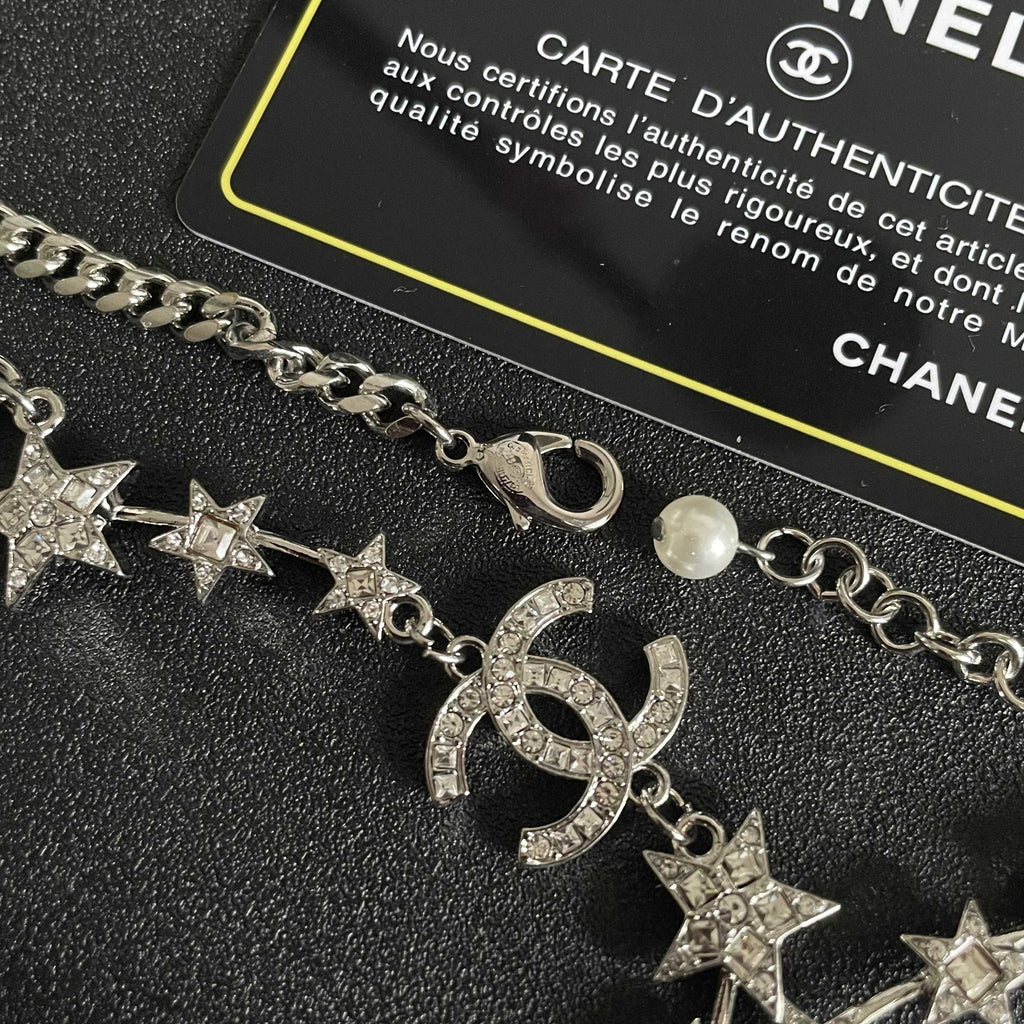 CHANEL 26S DOUBLE C LOGO STAR & PEARL DROP CHAIN NECKLACE IN SILVER METAL 629971
