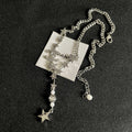 CHANEL 26S DOUBLE C LOGO STAR & PEARL DROP CHAIN NECKLACE IN SILVER METAL 629971