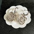 CHANEL 26S DOUBLE C LOGO CRYSTAL SQUARE DROP HOOP EARRINGS IN SILVER METAL 629984