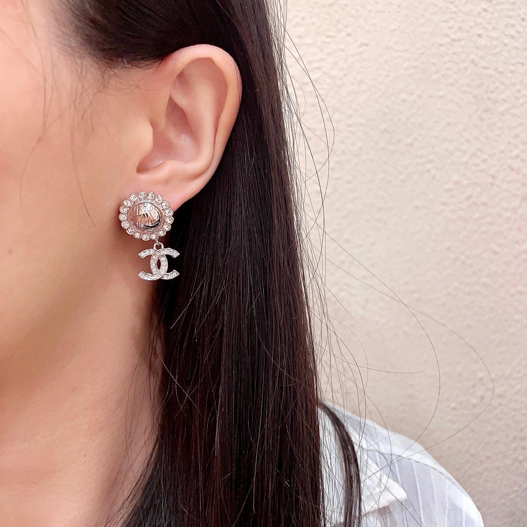 CHANEL 26S DOUBLE C LOGO CRYSTAL HALO DROP EARRINGS IN SILVER METAL 629987