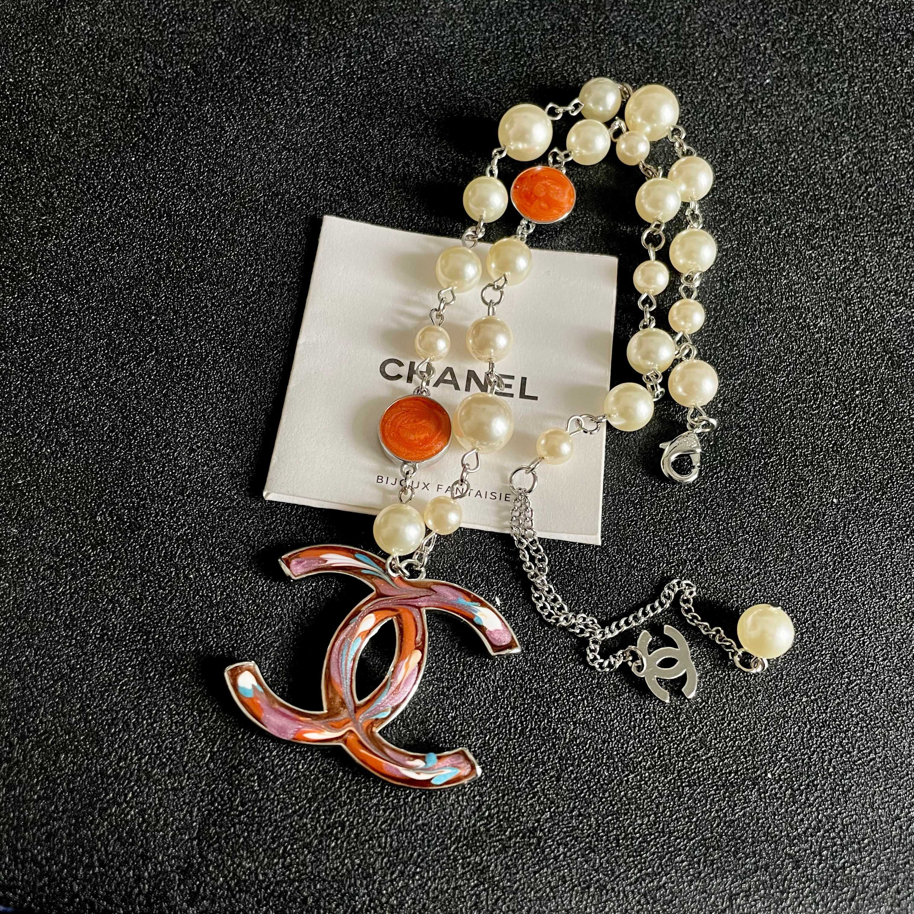CHANEL 26S CC MARBLE PEARL CHAIN NECKLACE IN SILVER METAL 630056