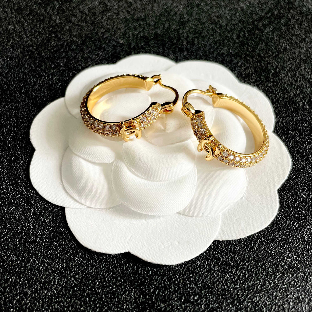 CHANEL 26S DOUBLE C LOGO FULL PAVE CRYSTAL HOOP EARRINGS IN GOLD METAL 630068