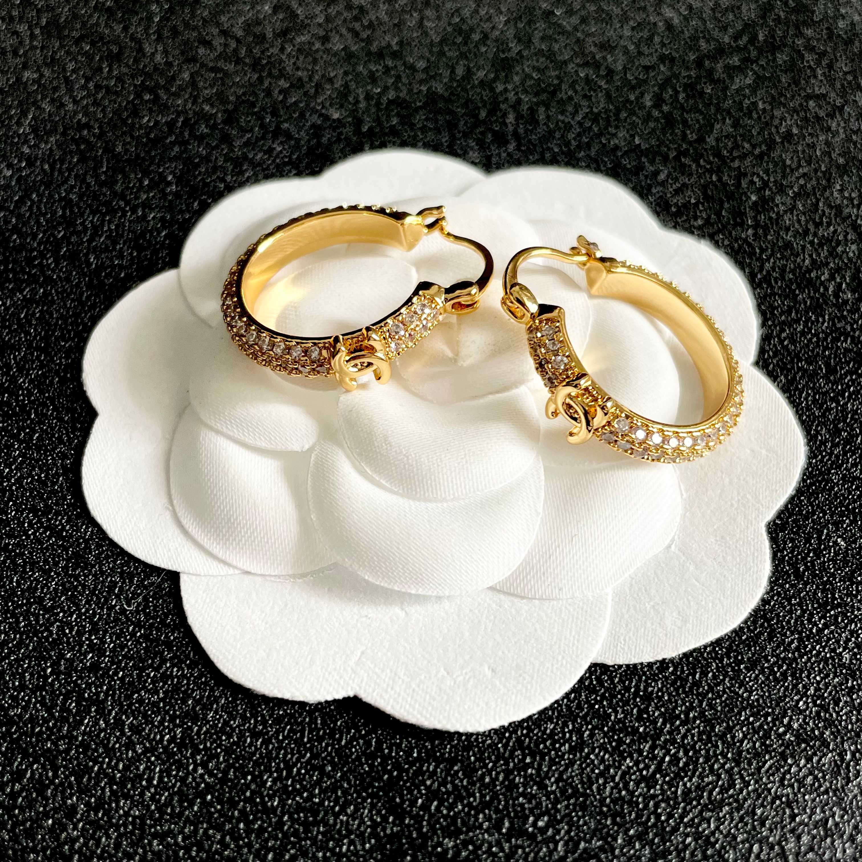 CHANEL 26S DOUBLE C LOGO FULL PAVE CRYSTAL HOOP EARRINGS IN GOLD METAL 630068