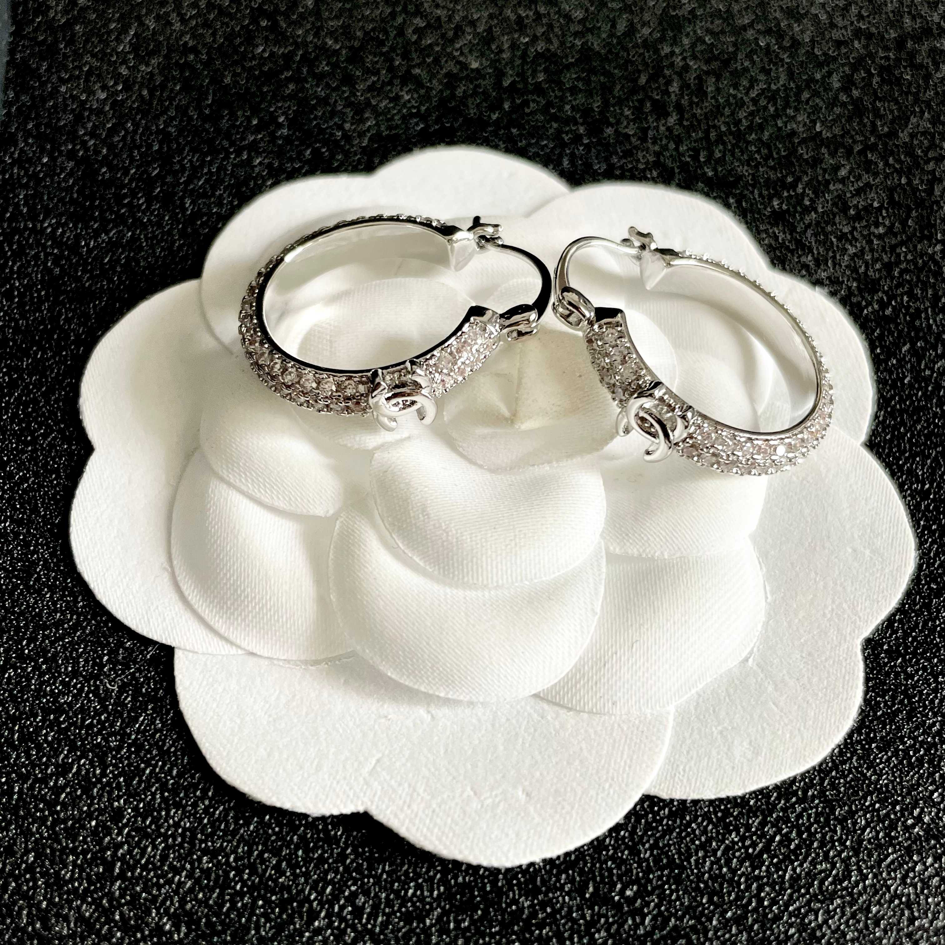 CHANEL 26S DOUBLE C LOGO FULL PAVE CRYSTAL HOOP EARRINGS IN SILVER METAL 630069