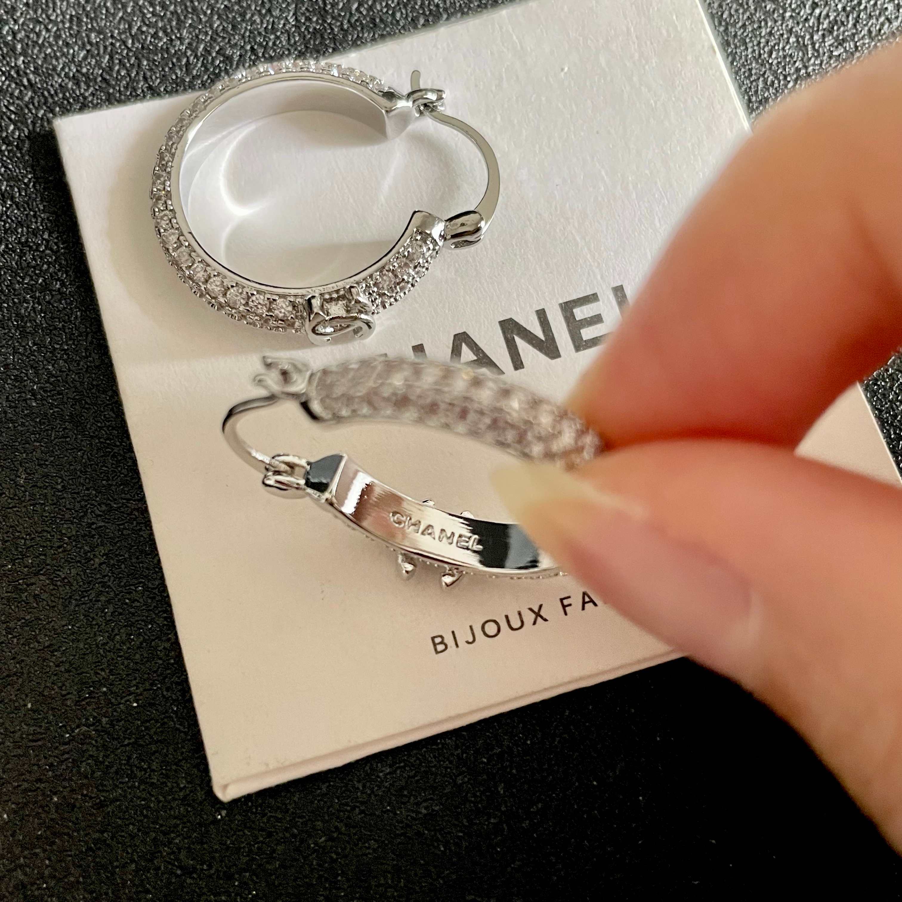 CHANEL 26S DOUBLE C LOGO FULL PAVE CRYSTAL HOOP EARRINGS IN SILVER METAL 630069