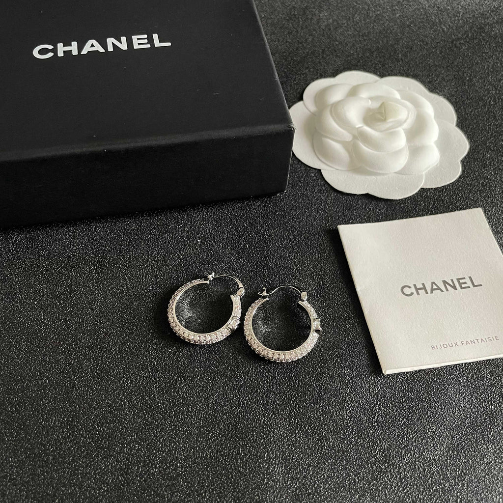 CHANEL 26S DOUBLE C LOGO FULL PAVE CRYSTAL HOOP EARRINGS IN SILVER METAL 630069