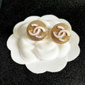 CHANEL 26S DOUBLE C LOGO WHITE ENAMEL TEXTURED ROUND STUD EARRINGS IN GOLD METAL 630072