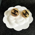 CHANEL 26S DOUBLE C LOGO BLACK ENAMEL TEXTURED ROUND STUD EARRINGS IN GOLD METAL 630073