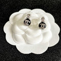 CHANEL 26S DOUBLE C LOGO BLACK ENAMEL CRYSTAL DROP STUD EARRINGS IN SILVER METAL 630075