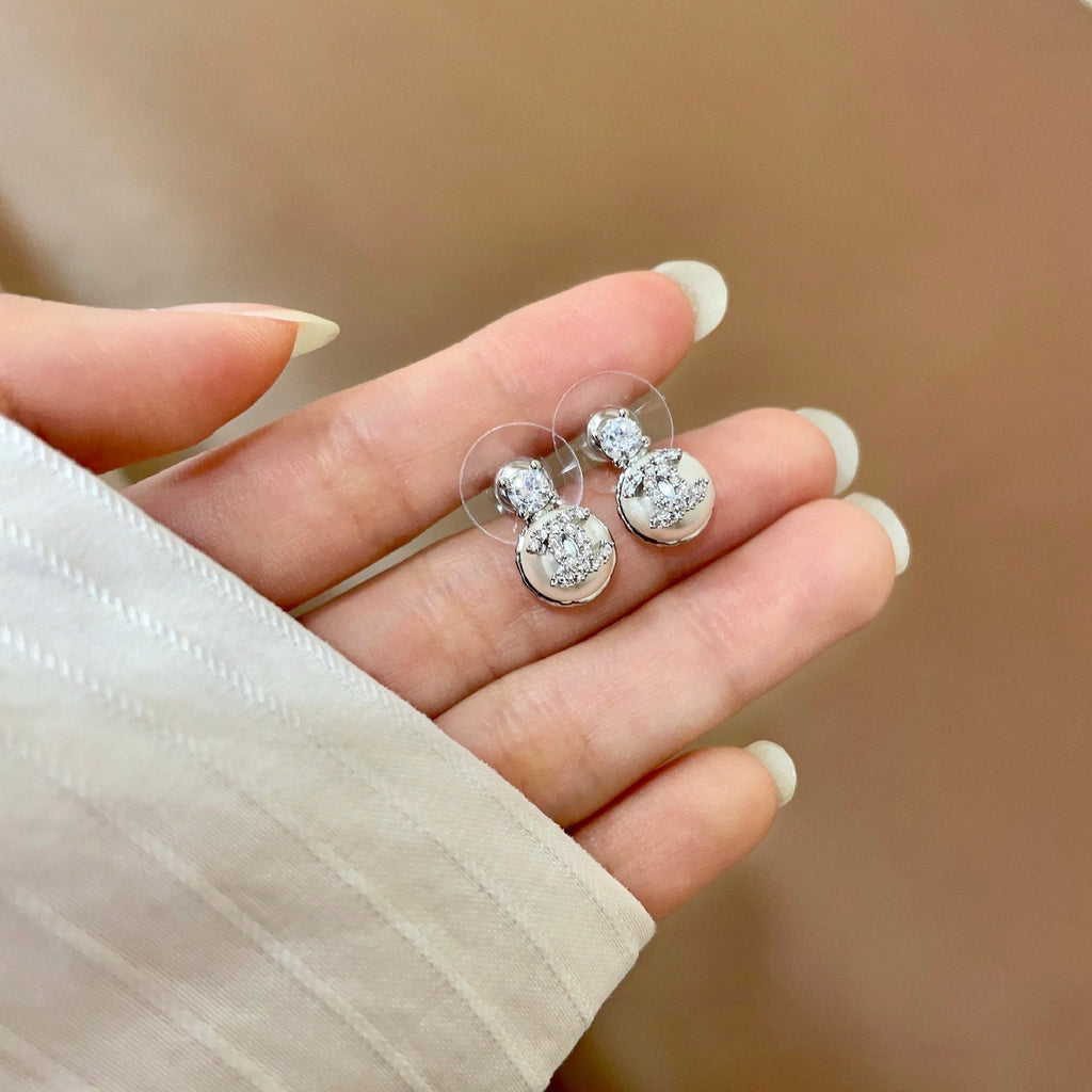 CHANEL 26S DOUBLE C ICON CRYSTAL STUD EARRINGS WITH PAVE LOGO DISC IN SILVER METAL 630076