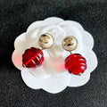 CHANEL 26S DOUBLE C LOGO PEARL STUD EARRINGS WITH RED GLASS DROP IN GOLD METAL 629893