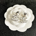 CHANEL 26S DOUBLE C LOGO WHITE ENAMEL & PEARL DROP EARRINGS IN SILVER METAL 629896