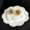 CHANEL 26S DOUBLE C LOGO PEARL TRIM ROUND STUD EARRINGS IN GOLD METAL 631021