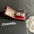 CHANEL 26S DOUBLE C LOGO BLUE ENAMEL SQUARE STUD EARRINGS IN GOLD METAL 631038