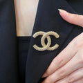 CHANEL 26S DOUBLE C LOGO PAVE CRYSTAL BROOCH IN GOLD METAL 631041