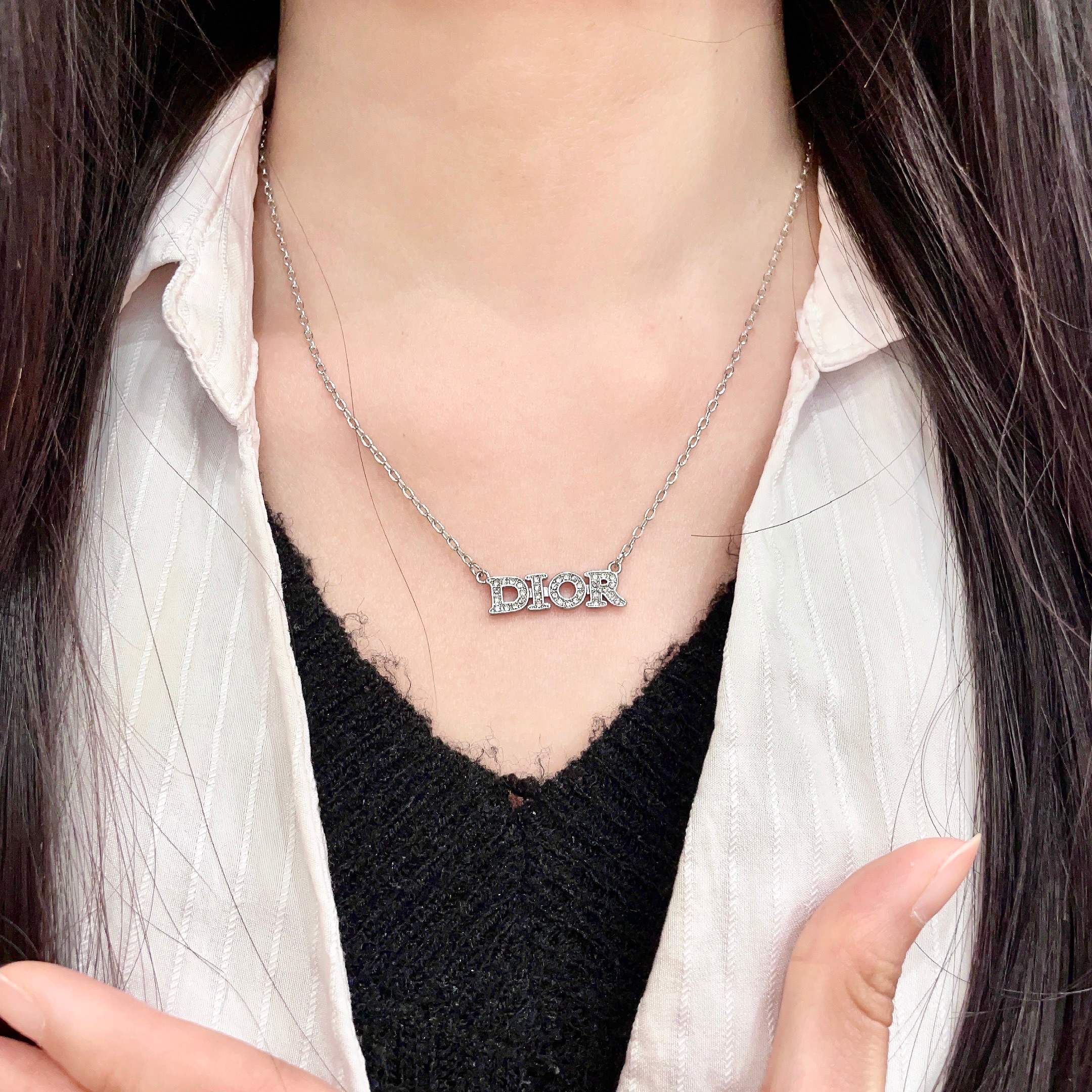 CD 26S PAVE LOGO LETTER NECKLACE IN SILVER TONE METAL 631805