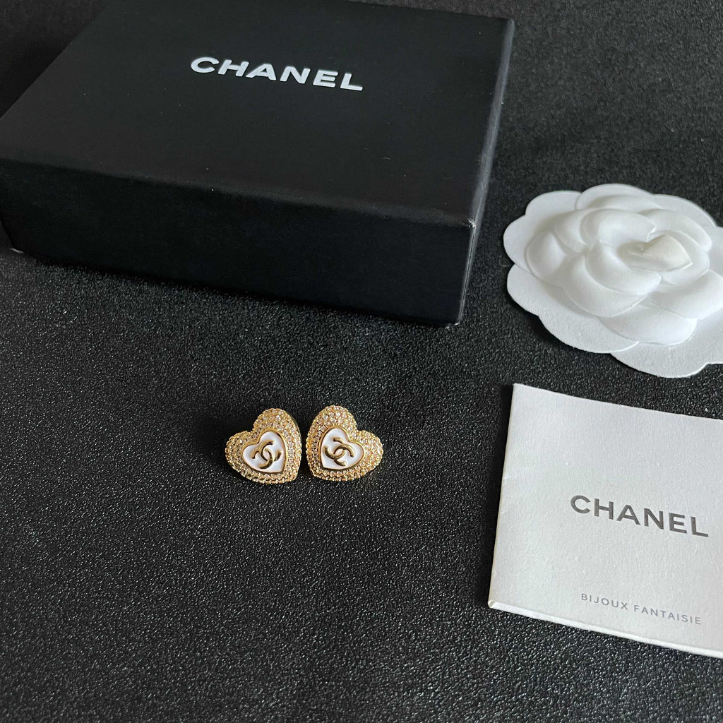 CHANEL 26S DOUBLE C LOGO PAVE HEART STUD EARRINGS WITH WHITE ENAMEL IN GOLD METAL 631815