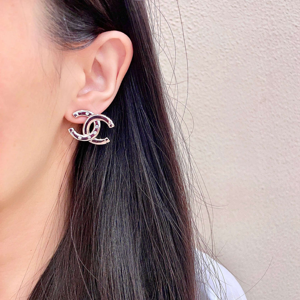CHANEL 26S DOUBLE C LOGO CRYSTAL STUD EARRINGS IN SILVER METAL 631902