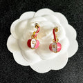 CHANEL 26S DOUBLE C LOGO BALL DROP EARRINGS IN PINK AND WHITE ENAMEL WITH GOLD METAL 631906