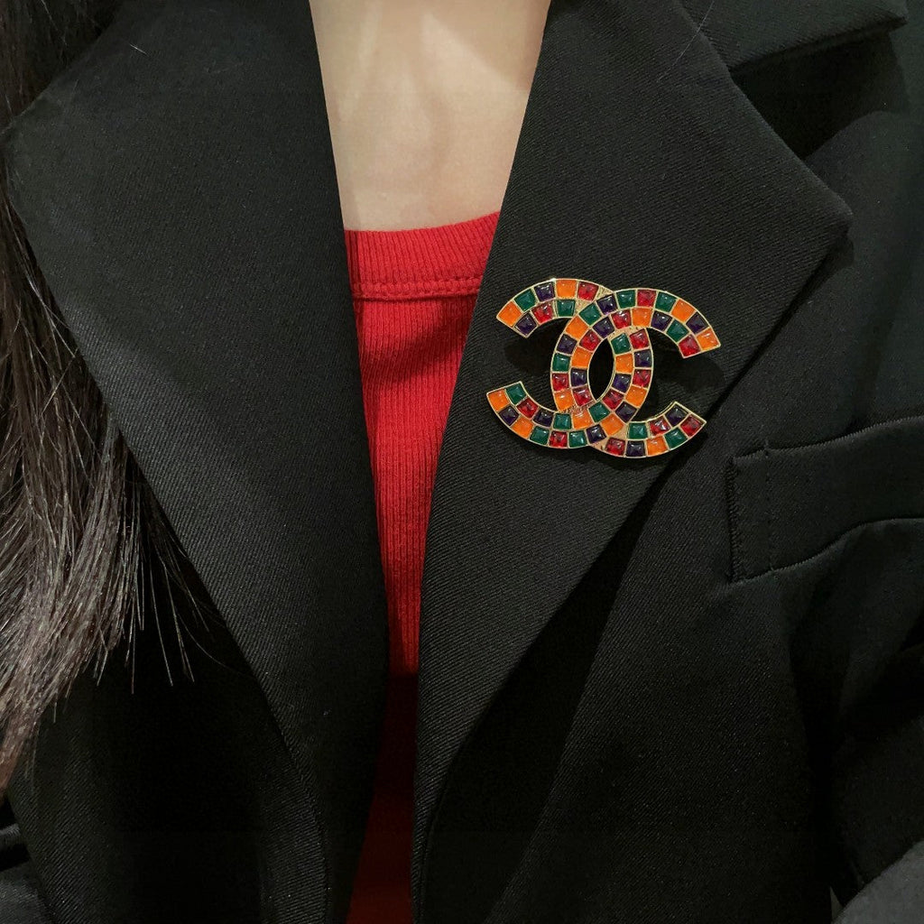 CHANEL 26S DOUBLE C LOGO MOSAIC BROOCH IN MULTICOLOR ENAMEL 631918