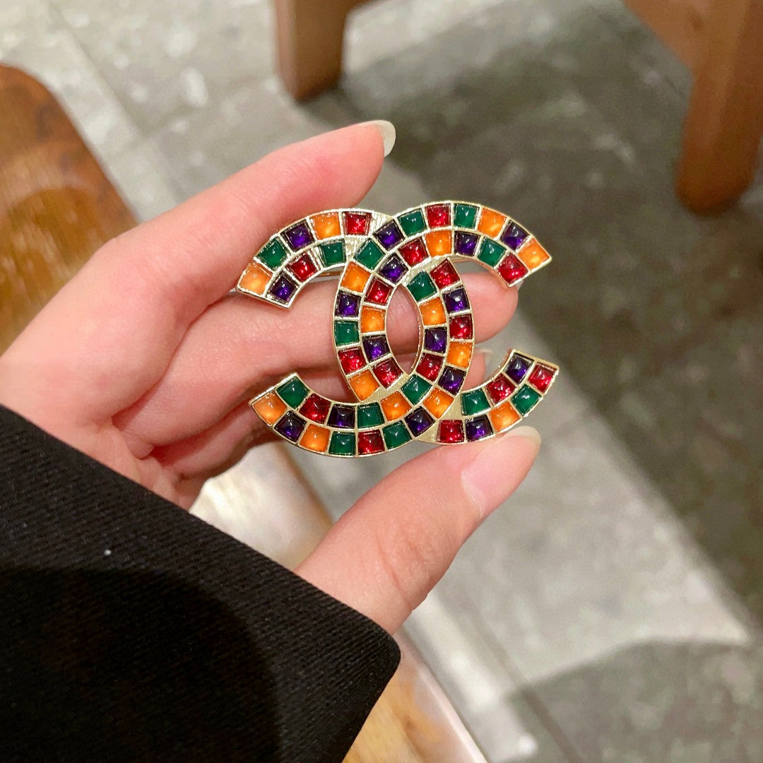 CHANEL 26S DOUBLE C LOGO MOSAIC BROOCH IN MULTICOLOR ENAMEL 631918