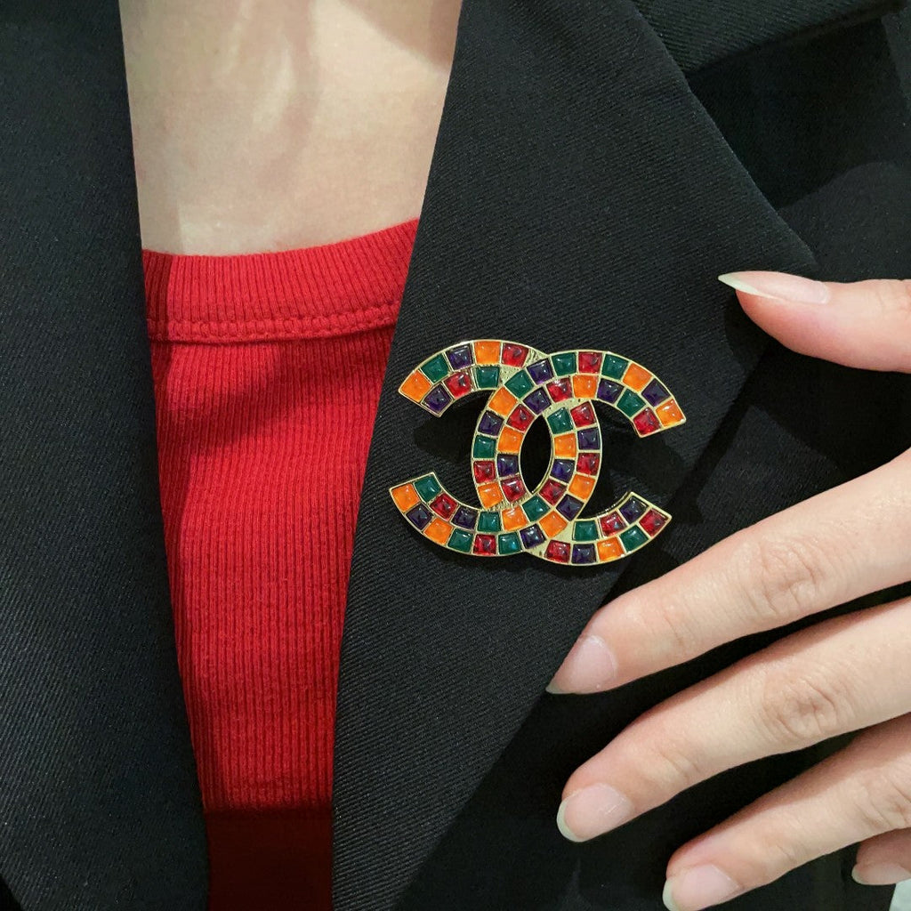 CHANEL 26S DOUBLE C LOGO MOSAIC BROOCH IN MULTICOLOR ENAMEL 631918