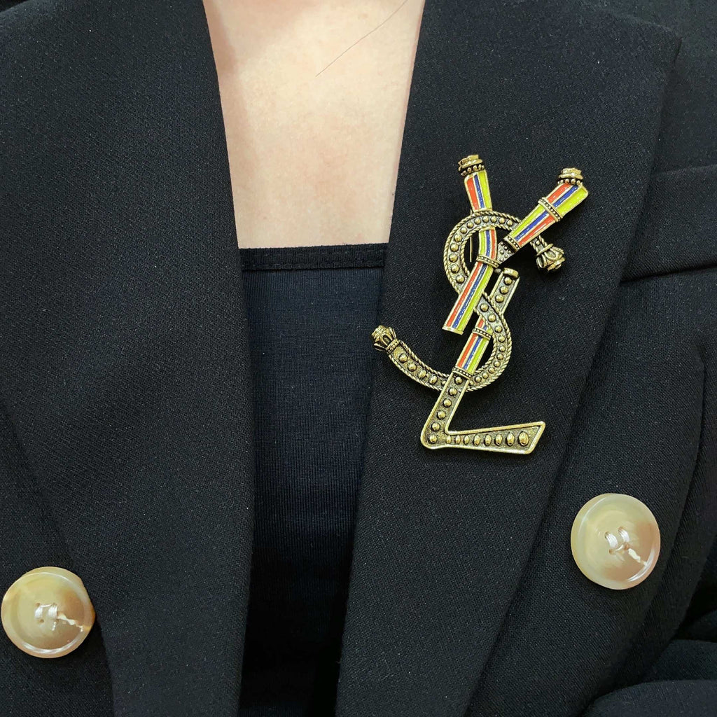 YSL 26S RAINBOW STRIPE LOGO BROOCH IN AGED GOLD TONE METAL 634975